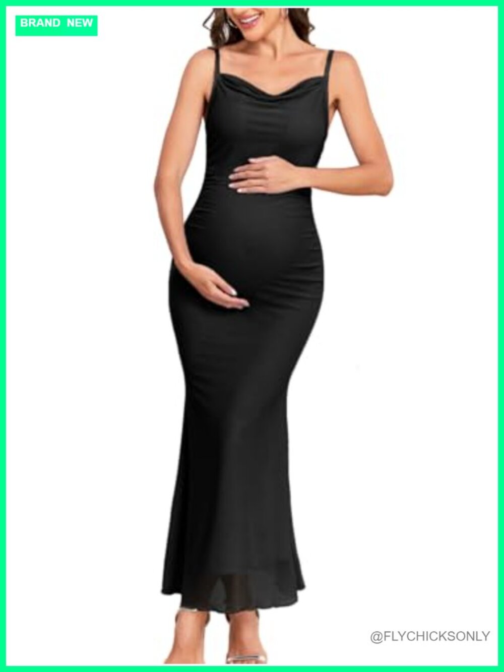 Maternity Cowl Neck Mesh Mermaid Dress Spaghetti Strap Ruched Formal Gown